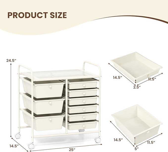 LDAILY 9 Drawer Rolling Storage Cart, Rolling Cart with Drawers for Classroom, Art Supply Craft Organizer on Wheel with Metal Frame & Handles for Home Office School