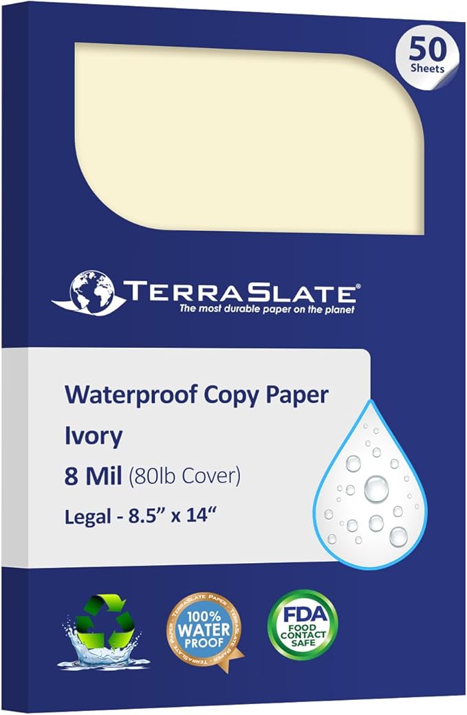 TerraSlate Waterproof Paper, Rip-Proof Colored Paper, Ivory, 50 Sheets, 8 Mil, (80lb Cover), 8.5” x 14”, Laser Printer and Copy Machine Compatible