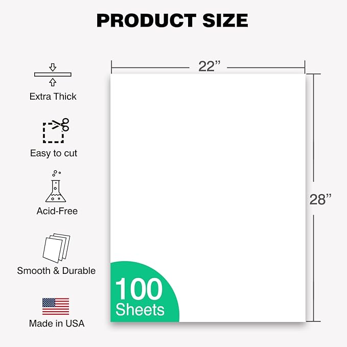 WritePads White Poster Boards 22"x28", 100 Pack, 130LB/290gsm Heavyweight Poster Board, 14PT Thick White Presentation Boards for School Projects, Crafts, Office, Made in USA