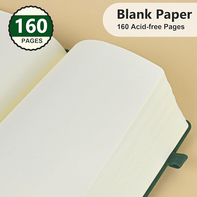 PERCUN Blank Journal Ntebook for Men & Women, 160 Pages Blank Journals for Writing, Drawing,Sketch Book,5.9" x 8.5" Leather Sketchbook, Unlined Notebook for Work, School, Art (Green)