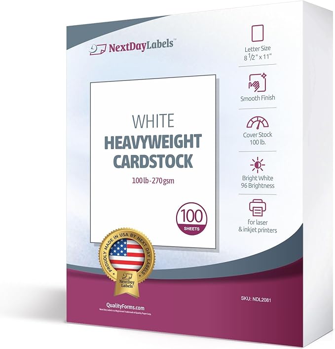 NextDayLabels 100 lb White Cover Cardstock - 100 Pack 8.5" x 11" Heavyweight Cover Paper (270 gsm) - Smooth Finish - Letter Size for Printing, Crafts, Invitations, Menus & More - Made in USA