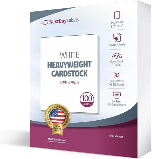 NextDayLabels 100 lb White Cover Cardstock - 100 Pack 8.5" x 11" Heavyweight Cover Paper (270 gsm) - Smooth Finish - Letter Size for Printing, Crafts, Invitations, Menus & More - Made in USA