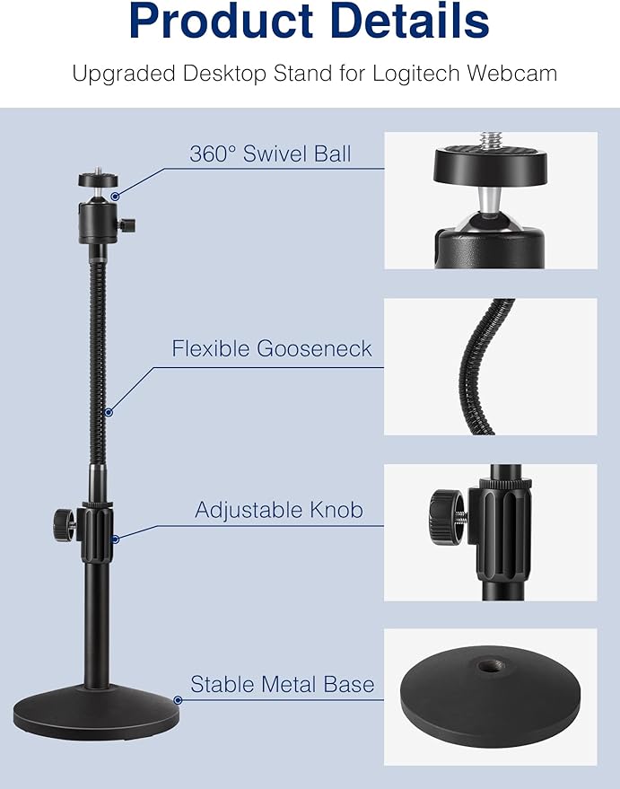 Puroma Webcam Stand Goose-Neck Mount Stand Upgraded Desktop Stand for Logitech Webcam C922 C930e C920S C920 C615 and Other Webcam with 1/4" Thread