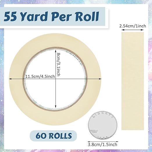 Fainne Masking Tape Bulk General Purpose Masking Painting Tape 55 Yards for Painting Home Office School Stationery Arts Crafts Basic Use, Easy Removal(60 Rolls,1 Inch)