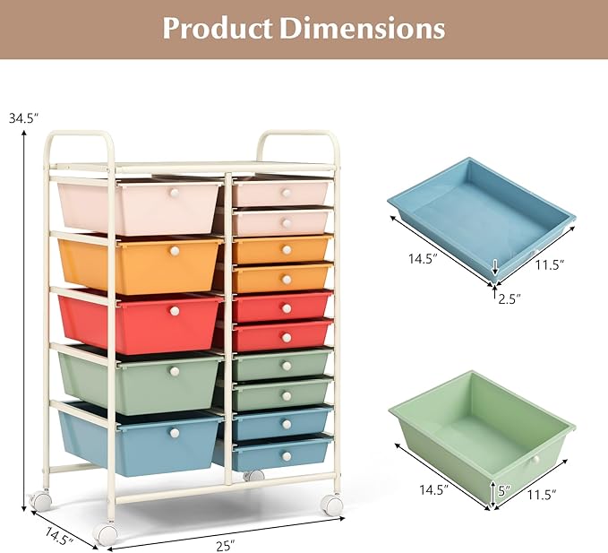 GLACER 15 Drawers Rolling Cart, Storage Cart with w/Removable Drawers & Steel Frame, Multipurpose Organizer Cart w/Sleek Handle, Utility Cart on Lockable Wheels for Home, School, Office (Colorful)