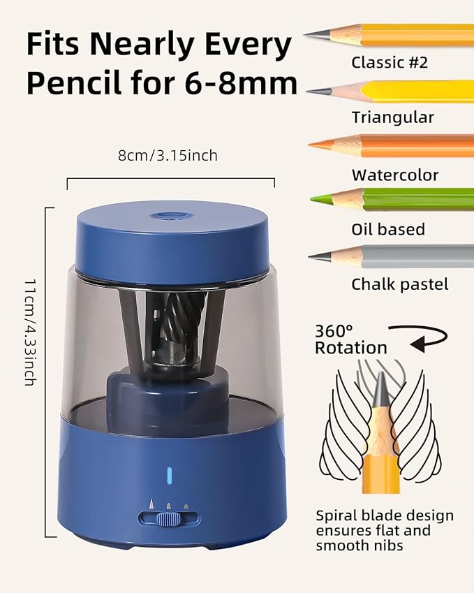 ZMOL Electric Rechargeable Pencil Sharpener, Automatic Pencil Sharpeners Kids, Battery Pencil Sharpeners for Colored Pencils, Auto Stop, Suitable for No.2(6-8mm), Classroom/Home Blue