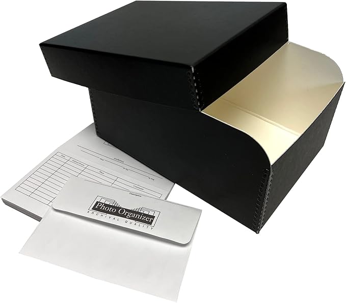 Lineco 4x6 Photo Storage Box, with 12 Acid-Free Envelopes, Holds Up to 1000 3.5" x 5", or 4" x 6" Photos, Metal Edge Archival Storage Box for Photos Stickers Stamps Seeds, 5.5x7.5x11. Black