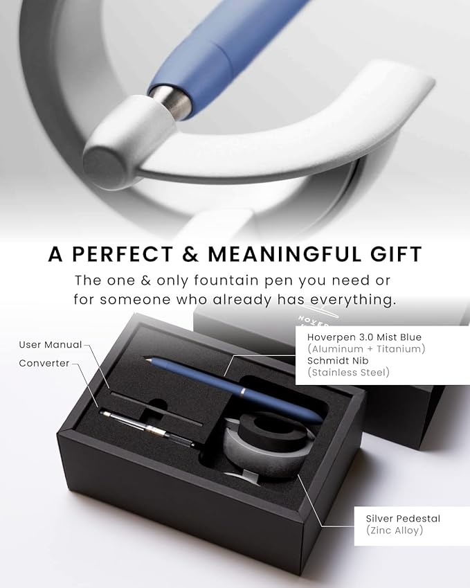 novium Hoverpen Future - Luxury Fountain Pen, Schmidt Nib (Fine), Converter, Extra Refill, Futuristic Aesthetic, Aerospace Metal, Best Pen Gift Set for Men & Women (Mist Blue)