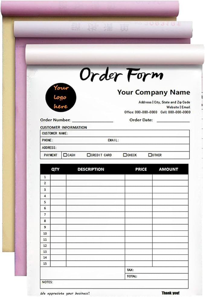 Custom Invoice Book in 3-Part /2-Part Receipt Book with Carbon Copies Personalized Carbonless Service Invoice Form Books Sales Order Book with Company Name Logo Address,B-Order Form Book with Logo