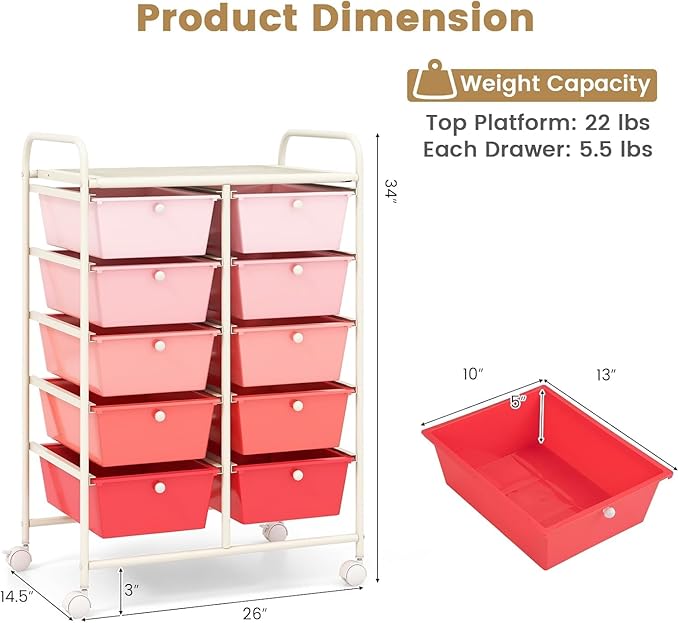 LDAILY 10 Drawer Rolling Cart, Storage Cart Organizer on Wheels, Drawer Cart with Metal Frame & Large Storage Capacity, Rolling Cart with Drawers for Living Room Classroom, Office