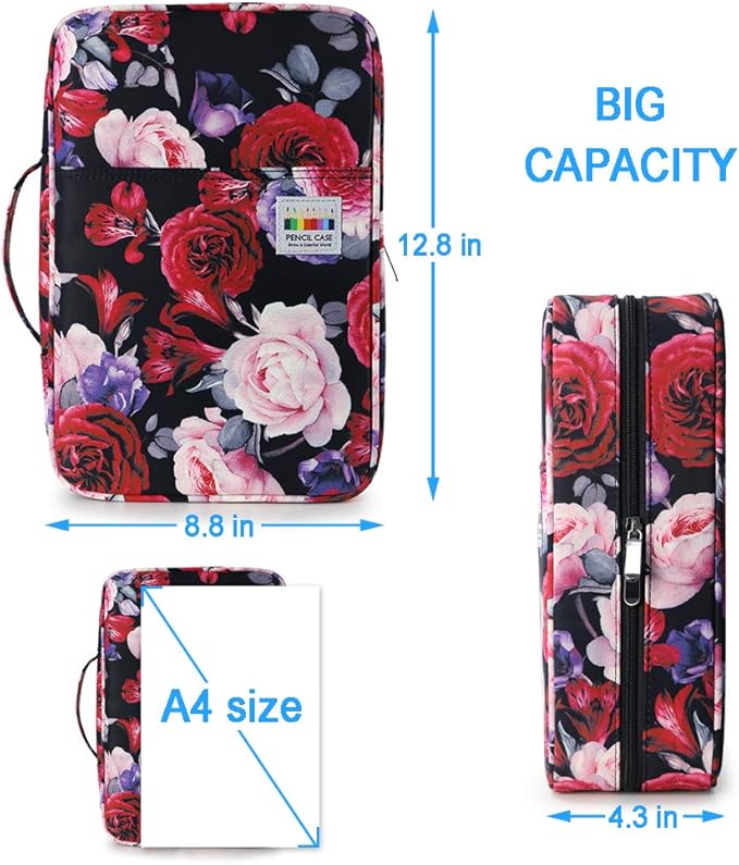 YOUSHARES Colored Pencil Case 304 Slots Pen Case Organizer with Handy Wrap & Zipper, Multilayer Holder for Prismacolor Colored Pencils & Gel Pen (Red Pink Rose)