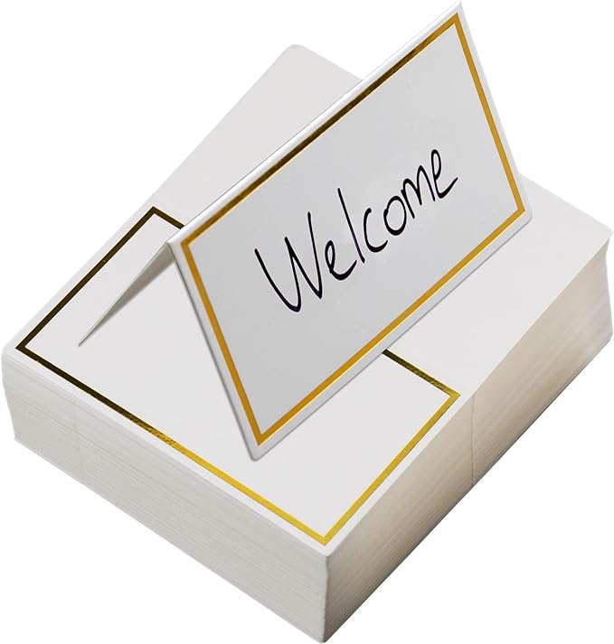 100 Pack Place Cards for Table Setting Small Paper Tent Cards with Gold Foil Border Event Table Cards for Restaurant Wedding Party Banquet Thanksgiving Birthday Celebration