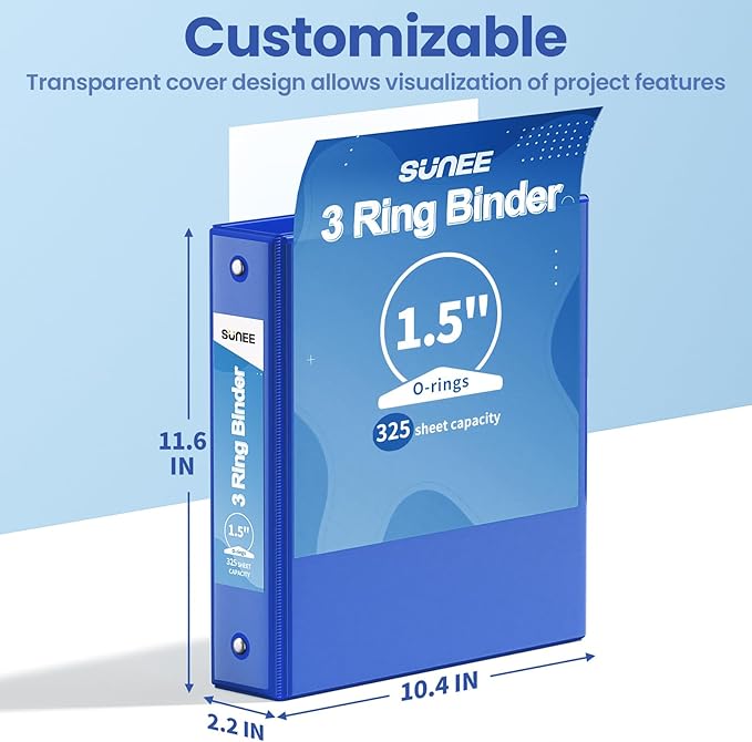 SUNEE 3 Ring Binder 1.5 Inch 1 Pack, Clear View Binder Three Ring PVC-Free (Fit 8.5x11 Inches) for School or Office Supplies, Cobalt Blue
