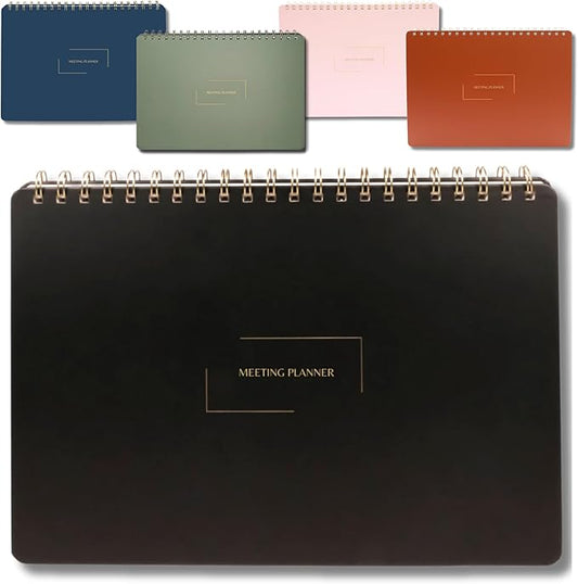 Merely Home | Meeting Notebook for Work | 8.25" x 11.75" | Project Planner | Simple Design | Multiple Layouts | Office and Business Planner (Black, Meeting Planner - Landscape)
