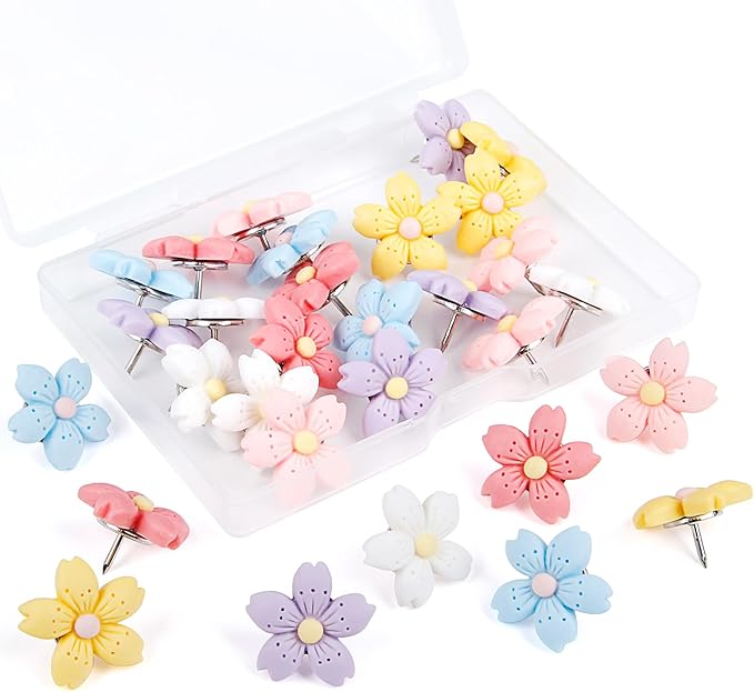 Decorative Push Pins,30pcs Flower Push Pins for Cork Board Colorful Thumb Tacks Cute Push Pins Fun Thumb Tacks Decorative for Photo Wall, Feature Wall,Map, Bulletin Board, Office or Home