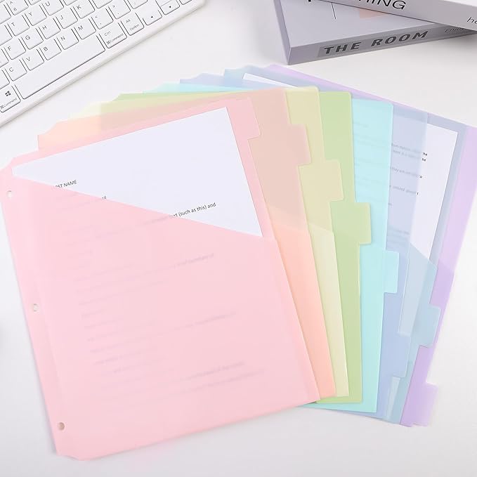 SKYDUE Pastel Binder Dividers with Pockets – 8-Tab Durable Plastic Dividers for 3-Ring Binder, Single Pocket File Organizers with Matching Label Stickers