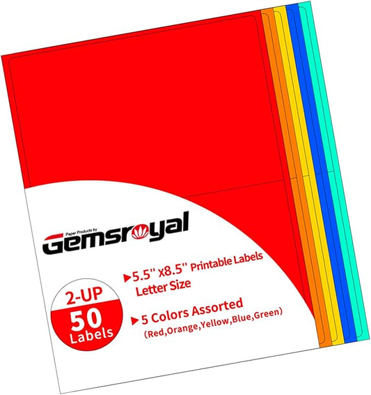 Gemsroyal Colored Half Sheet Shipping Labels Printable,5.5"×8.5" Half Page,5 Colors Assorted(Red,Orange,Yellow,Blue,Green),Color Neon Label Sticker Paper for Printer,Coloful Large Stickers Labels