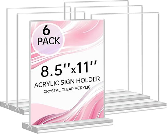 Yeahjiae 6 Pack T-Shaped Acrylic Sign Holder 8.5 x 11, Double Sided Clear Stand for Letter Size Paper, Essential Office Supplies for Menu, Tabletop, Counter & Wall Display, Garage Sale & Picture Frame for Office, Restaurant, Store, Home
