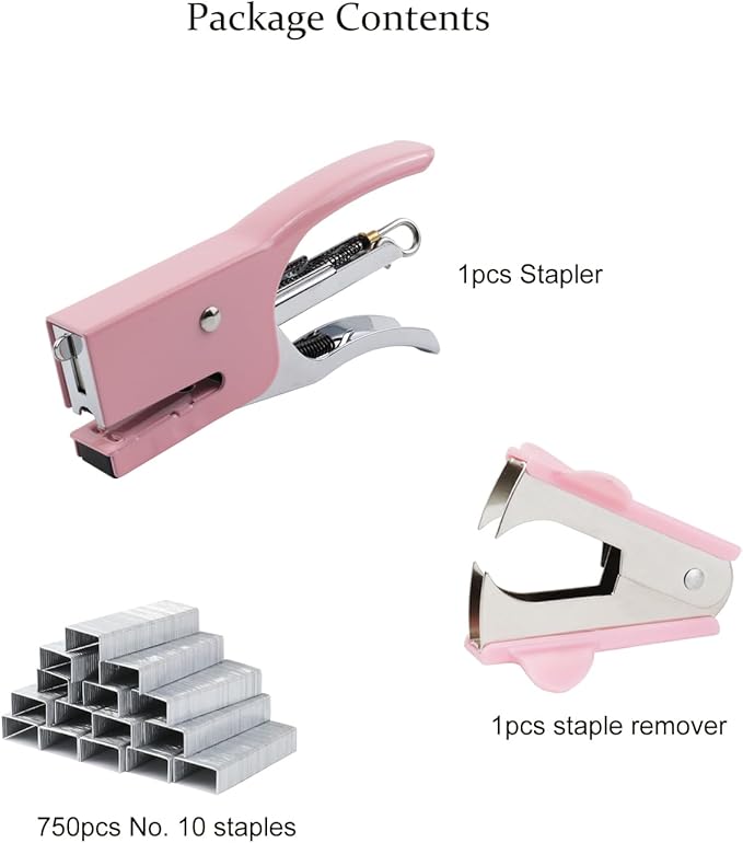 Aacehlh Small Hand-held Stapler Set, 15 Sheet Capacity, Includes 750Pcs Staples and A Staple Remover, Mini Desktop Stapler for Office, School, Home or Travel Use. (Pink)
