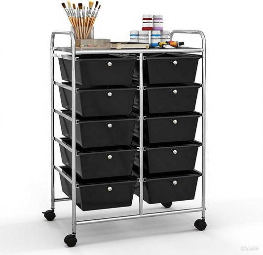 GLACER 10 Drawer Rolling Cart, Storage Cart with Lockable Whieels & Metal Frame, Trolley for Art Craft Oganizer, Mobile Utility Cart for Office, School, Classroom, Kitchen (Black)