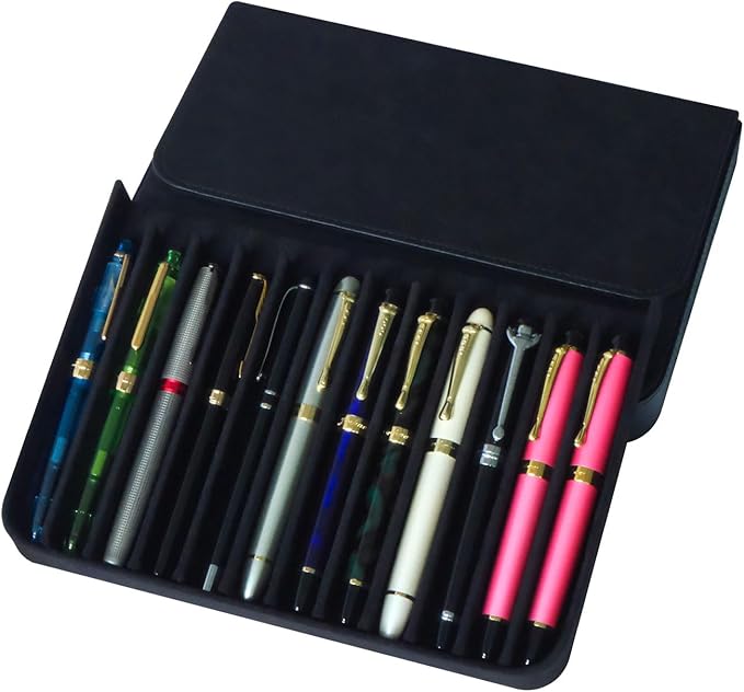 MIVLXLX PU Leather 12 Fountain Pen/Pencil Tray Case Organizer, Fashion Design, Handmade, Magnetic Closure with Drawer, Christmas Gift for Man/Woman/Office, 12 Slots(black)