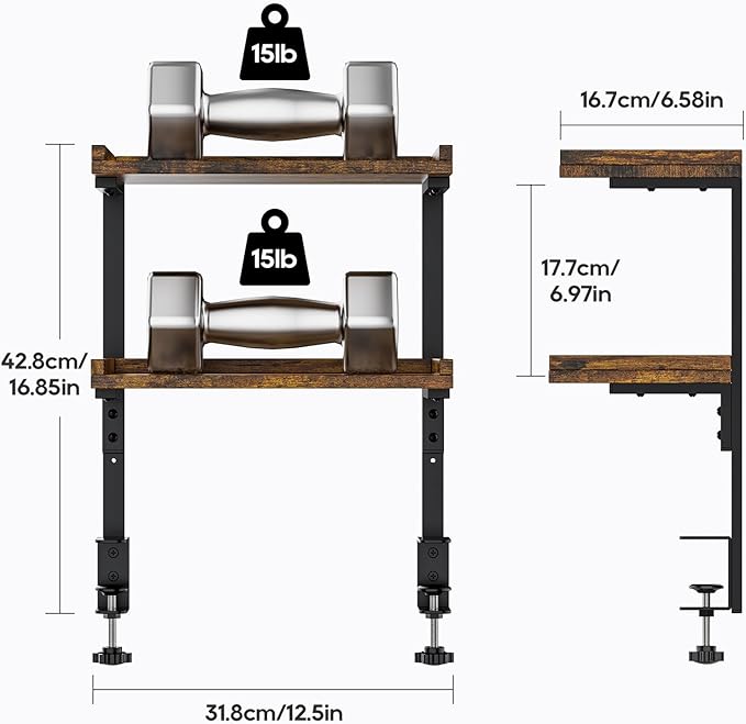 ART-GIFTREE Clamp On Desk Shelf 2-Tier, 12.5 inche Wood Shelving Unit for Office Desk/Gaming Accessories, Tabletop Book Storage Rack, Shelf for Top & Under of Desk, Brown