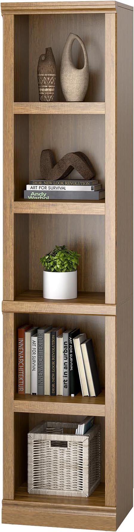 blini 5-Shelf Narrow Bookcase White Wooden Tall Bookshelves Floor Standing Display Storage Shelves Vintage Oak Bookcase for Home Office, Living Room, Bed Room