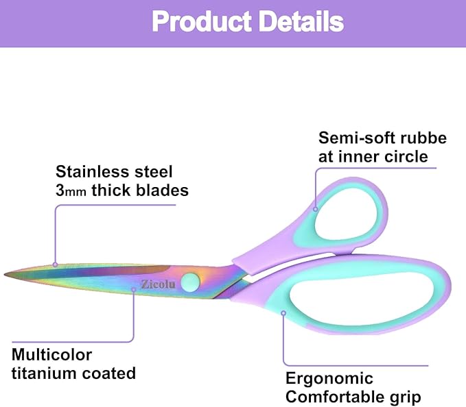 Zicolu Craft Scissors Set of 3 pack, Sharp Rainbow Titanium Coating All Purpose Scissors, Ergonomic Semi-Soft Rubber Grip, Suitable for School, Office and Household Use, 9.2''/8.5''/5.6"