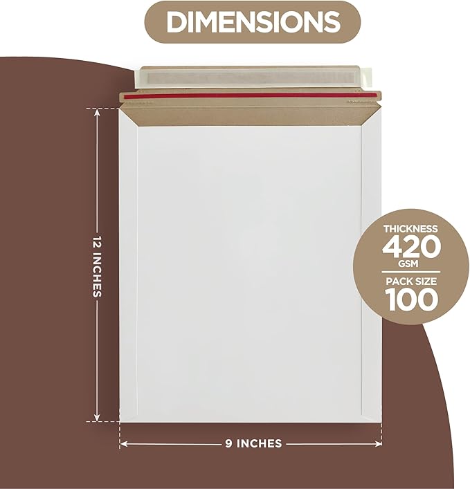 Rigid Mailers 9x12 Inches with 200 Side Strips for Extra Protection from Bending - 100 Pack – Self Adhesive with tear strip for Documents, Photos, CDs, Magazines, and Literature