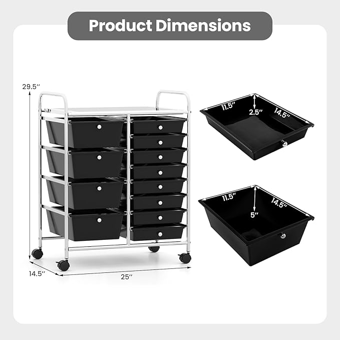 LDAILY 12 Drawer Rolling Storage Cart, Rolling Cart with Drawers for Classroom, Art Supply Craft Organizer on Wheel with Metal Frame & Handles for Home Office School (Black, 12 Drawer Left-Right)