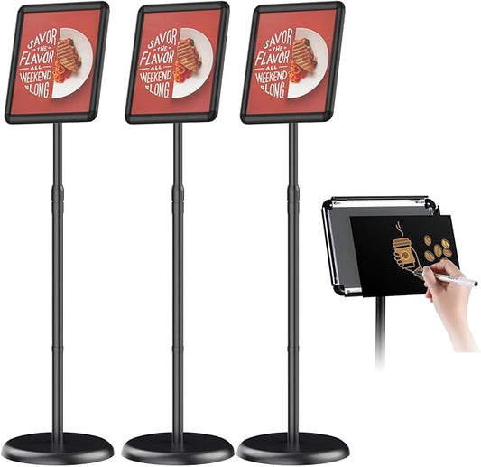 Newzueby Pedestal Floor Stand Sign Holder for 8.5x11 inches Poster or chalk board, Snap open frame,360° Rotation,Outdoor Indoor Standing Display Sign Holders for commerical, directional, Black 3 Pack