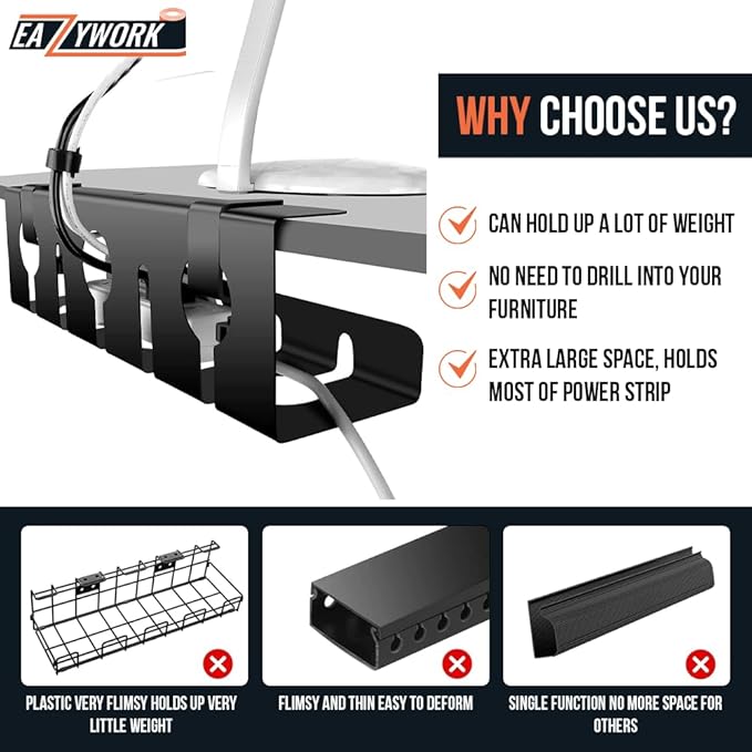 2Pcs 15.75 Inch Super Sturdy Gaming Cable Management Standing Desk wire organizer Large cord basket Under desk rack Mount With Clamps & Screws power strip holder chord organization j channel No Damage