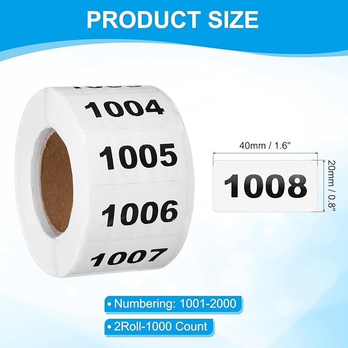 PATIKIL 0.8 x 1.6 Inch Inventory Number Sticker, 2 Roll 1002 to 2000 Consecutive Number Labels Self-Adhesive Labels Tag 1000 Stickers for Office Warehouse Numbering Classification, Black