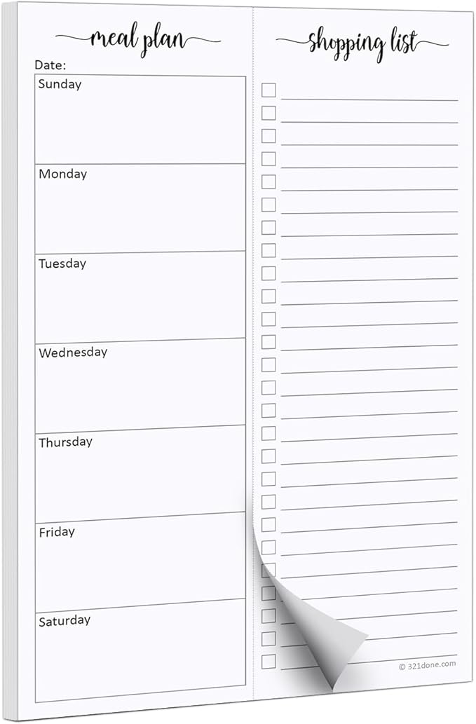 321Done Magnetic Meal Planning Pad, 5.5x8.5, Meal Plan Grocery List Combo, Made in USA, Weekly Menu Plan with Tear-Off Shopping List, Magnet to Stick to Fridge, 50 Perforated Pages, Sunday Start