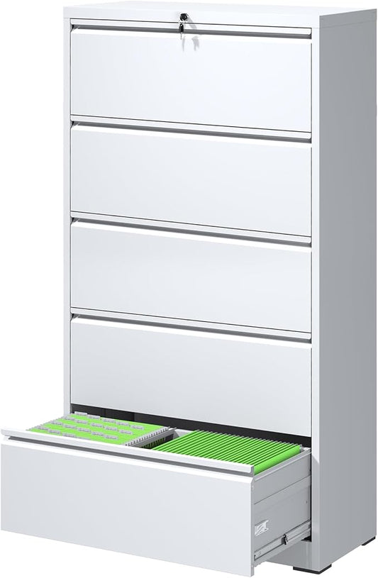 FLIXELIO 5 Drawer Metal Office Storage Filing Cabinet with Lock, White Lateral File Cabinet for Home Office, Horizontal Locking for Legal/Letter/A4, Assembly Required