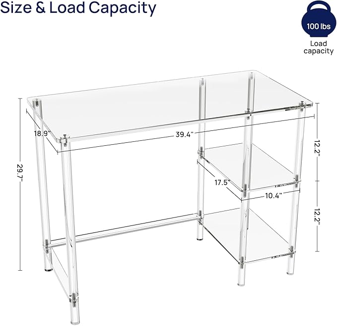 HMYHUM 40 Inch Acrylic Computer Desk with Reversible Storage Shelves, Clear Home Office Desk for Laptop, Study, Writing, Vanity Table, Modern