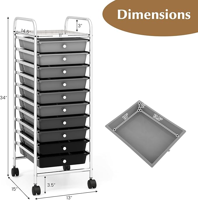 GLACER 10 Drawers Rolling Cart, Storage Cart with w/Removable Drawers & Steel Frame, Utility Mobile Trolley w/Universal Casters & 2 Brakes, Organizer Cart for Home, School, Office (Gradient Grey)