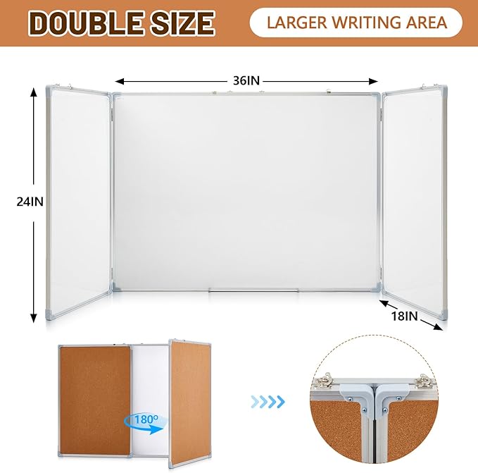 Mooliwe 72"x24" Tri-fold Cork Board Whiteboard, Foldable Combination Magnetic Dry Erase Bulletin Board & Corkboard with Aluminum Frame Wall Mounted for Home, Office and School(Wood)
