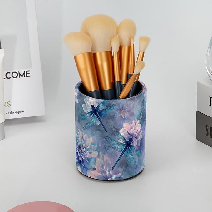 Leather Pen Holder for Desk Dragonfly Beautiful Pencil Cup Desktop Organizer Makeup Brush Holders Office Supplies for Home, Kids & School