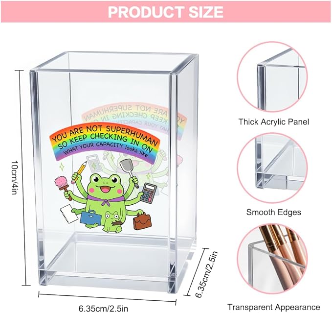 Vgrti You Are Not Superhuman Acrylic Cosmetic Pencil Pen Holder Cup, Boho Cute Frog Desk Organizer Accessory for Home Office Decor, Frog Lovers Gifts, Funny Sarcastic Work Gifts for Women Men Coworker