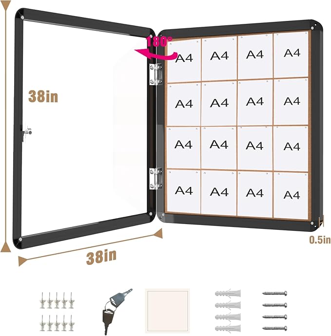 Mifuro 38"x38" Enclosed Bulletin Board, Lockable Weather-Resistant Aluminum Cork Noticeboard for School & Office, Black Frame w/Cork