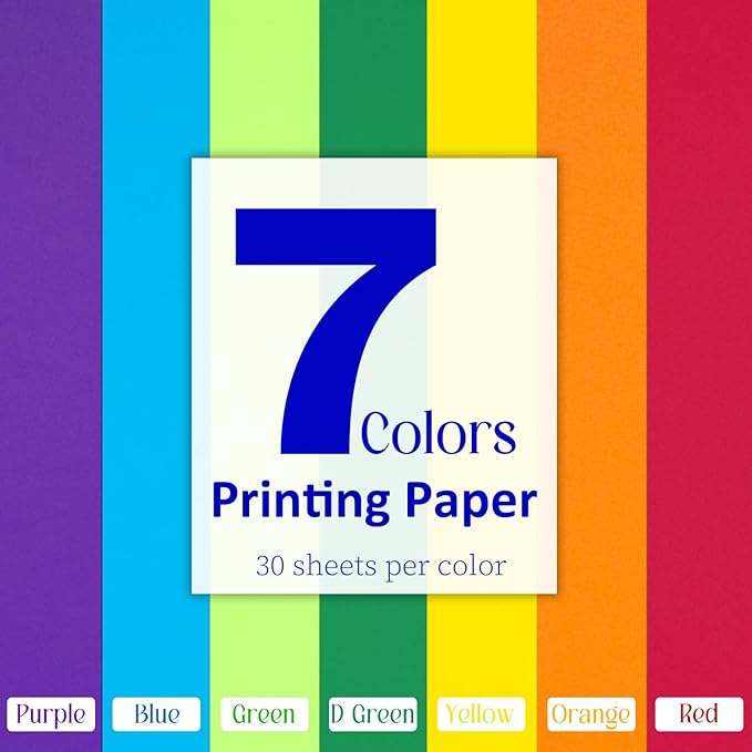 Colored Copy Paper 8.5X11 Inches,140 Sheets 20 lb/80GSM 7 Colors Rainbow Letter Size Printer Multipurpose Paper for Office School Education Daily Printing,Document Copying,Study