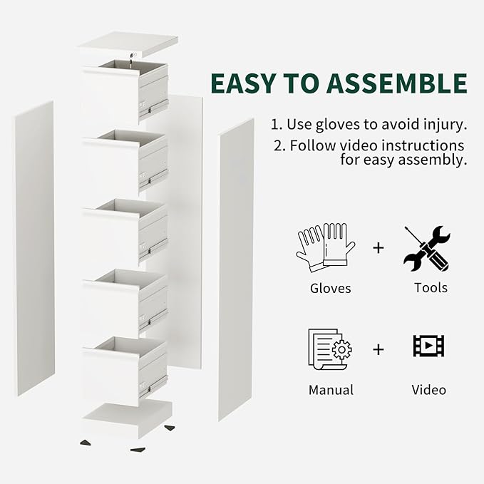 Yukimo 4 Drawer File Cabinet with Lock, Vertical File Cabinet with Lock, Locking File Cabinet Hanging Files for A4/ Legal/Letter, Require Assembly, White