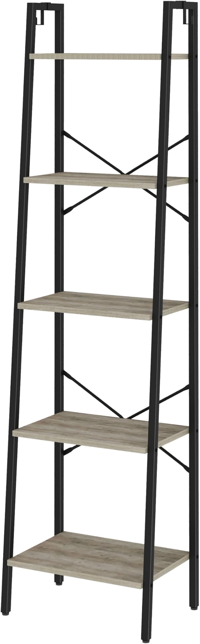 Hzuaneri Ladder Shelf, Bookshelf Bookcase, Freestanding Corner Storage Shelve with 2 Hooks for Home Office, Living Room, Kitchen, Bedroom, Industrial, 11.8" D x 17.3" W x 63" H, Greige BC19205B