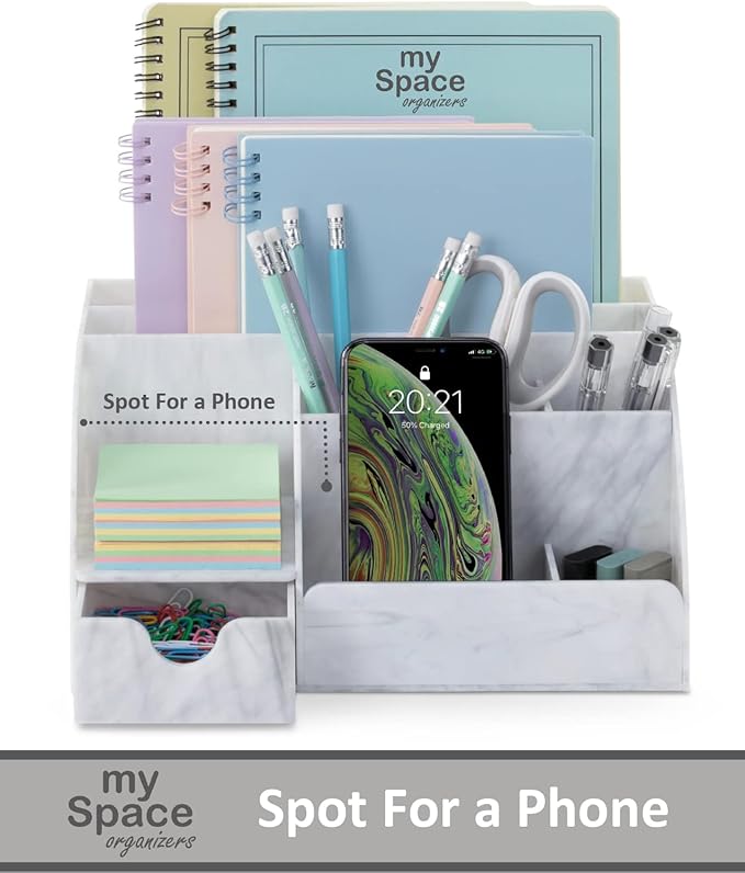 My Space Organizers Marble Desk Organizer For Office Supplies And Accessories - 9 Sections - Pencil Pen Holder Storage - Desktop Organization Decor Essentials (White Grey Marble)