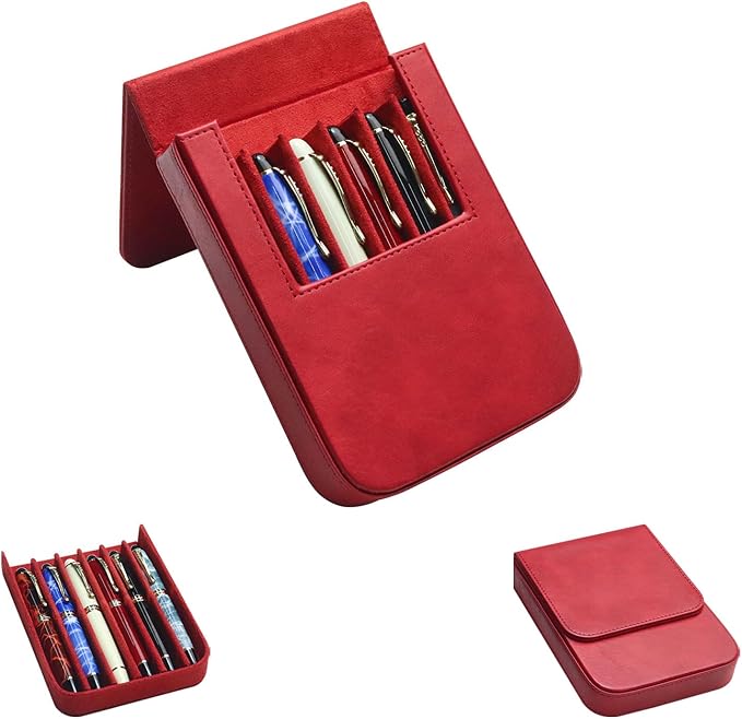 MIVLXLX Leather 6 Fountain Pen/Pencil Tray Case, Handmade, Magnetic Closure with Drawer Design, Gift Choice for Man/Woman/Office, 6 Slots（red）
