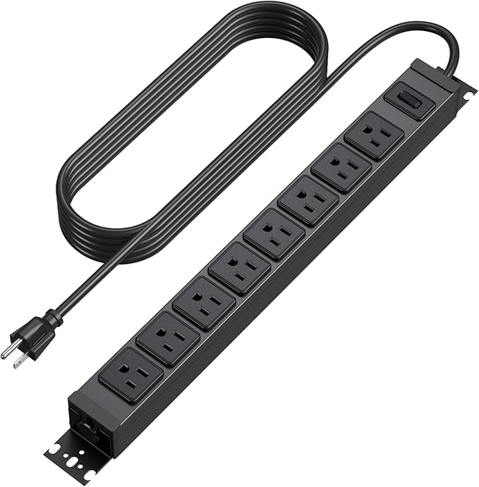 HHSOET Metal 360° Rotating Mountable Power Strip, 8 Outlet Gaming Table Mounted Long Power Strip, Heavy Duty Wall Mount Surge Protector with Switch, 15A 125V 1875W, 6ft Power Cord.(Black)