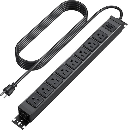 HHSOET Metal 360° Rotating Mountable Power Strip, 8 Outlet Gaming Table Mounted Long Power Strip, Heavy Duty Wall Mount Surge Protector with Switch, 15A 125V 1875W, 15ft Power Cord.(Black)