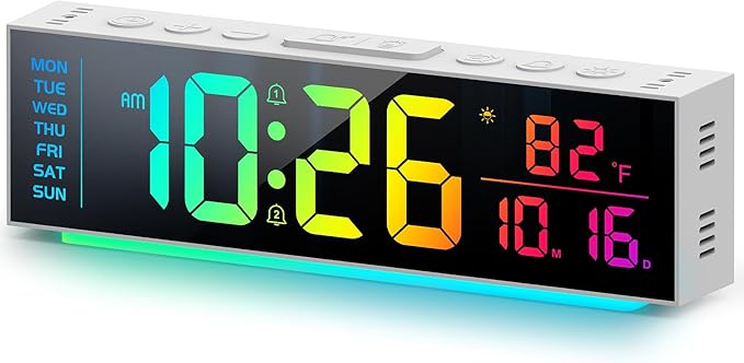 Digital Clock, Alarm Clock for Bedroom, Digital Wall Clocks for Classroom, Living Room Decor, Desk Clock Large Display, 13 Number Display Colors, 12 Ambient Light Colors, Auto Dimming, DST (White)