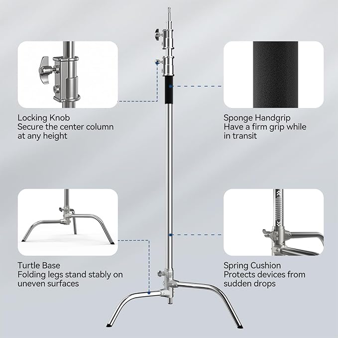 2 Pack Photography C Stand: 100% Stainless Steel - Max Height 10.5ft/131inch Heavy Duty Light Stand